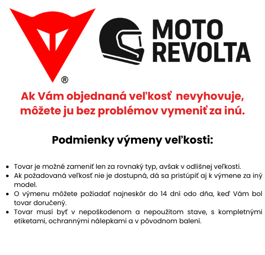 Ak Vám objednaná veľkosť prilby nevyhovuje, môžete ju bez problémov vymeniť za inú. Podmienky výmeny veľkosti Prilbu je možné zameniť len za rovnaký typ, avšak v odlišnej veľkosti. Ak požadovaná v_1